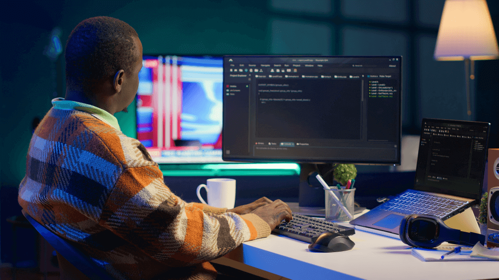 Stereotypes about Africa: Young African developer coding in a modern workspace — debunking the myth that Africans don’t use technology