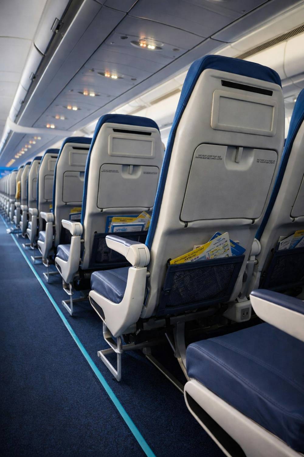 Rows of economy class airplane seats showing standard legroom on a commercial flight