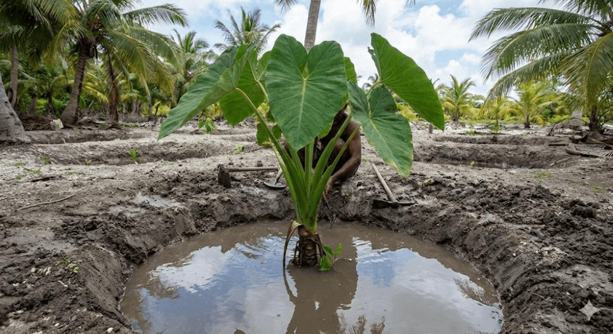 What do people eat in Kiribati: Babai growing in a freshwater pit dug by hand on an atoll