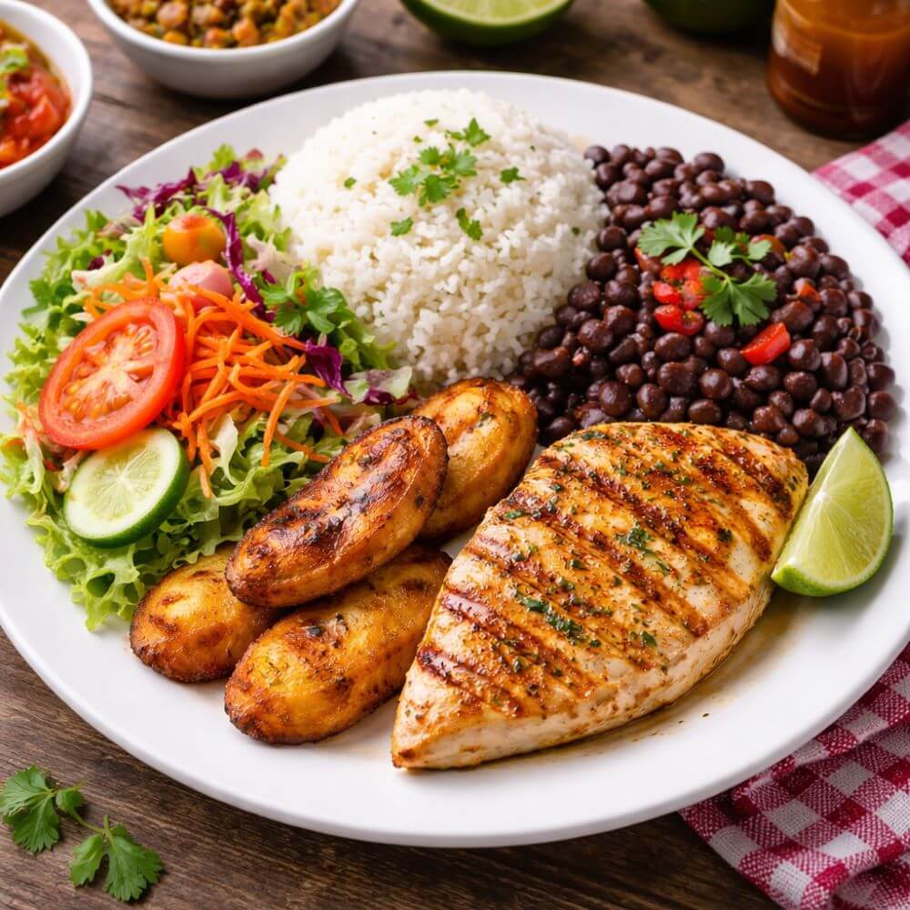 What to eat in Costa Rica: Casado plate with rice, beans, plantains, salad and grilled chicken — the everyday meal of Costa Rica