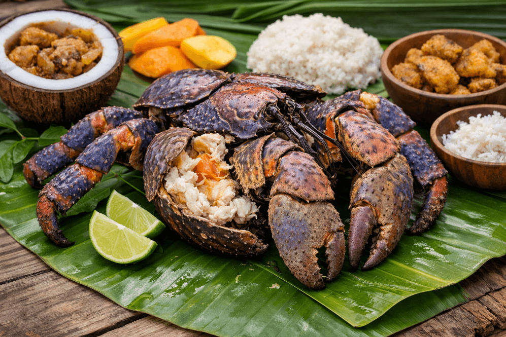 Fresh coconut crab (pule) served on banana leaf in Tuvalu — a centerpiece of what do people eat in Tuvalu