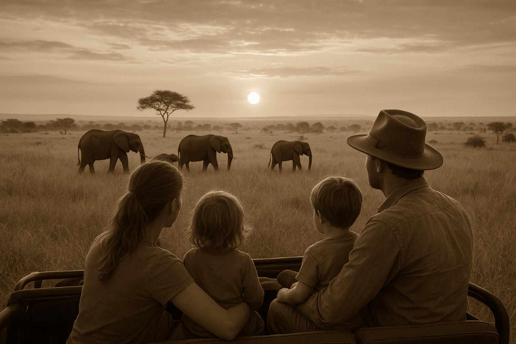 Family watching elephants at dawn in Maasai Mara,— quiet safari moment in Kenya with Kids