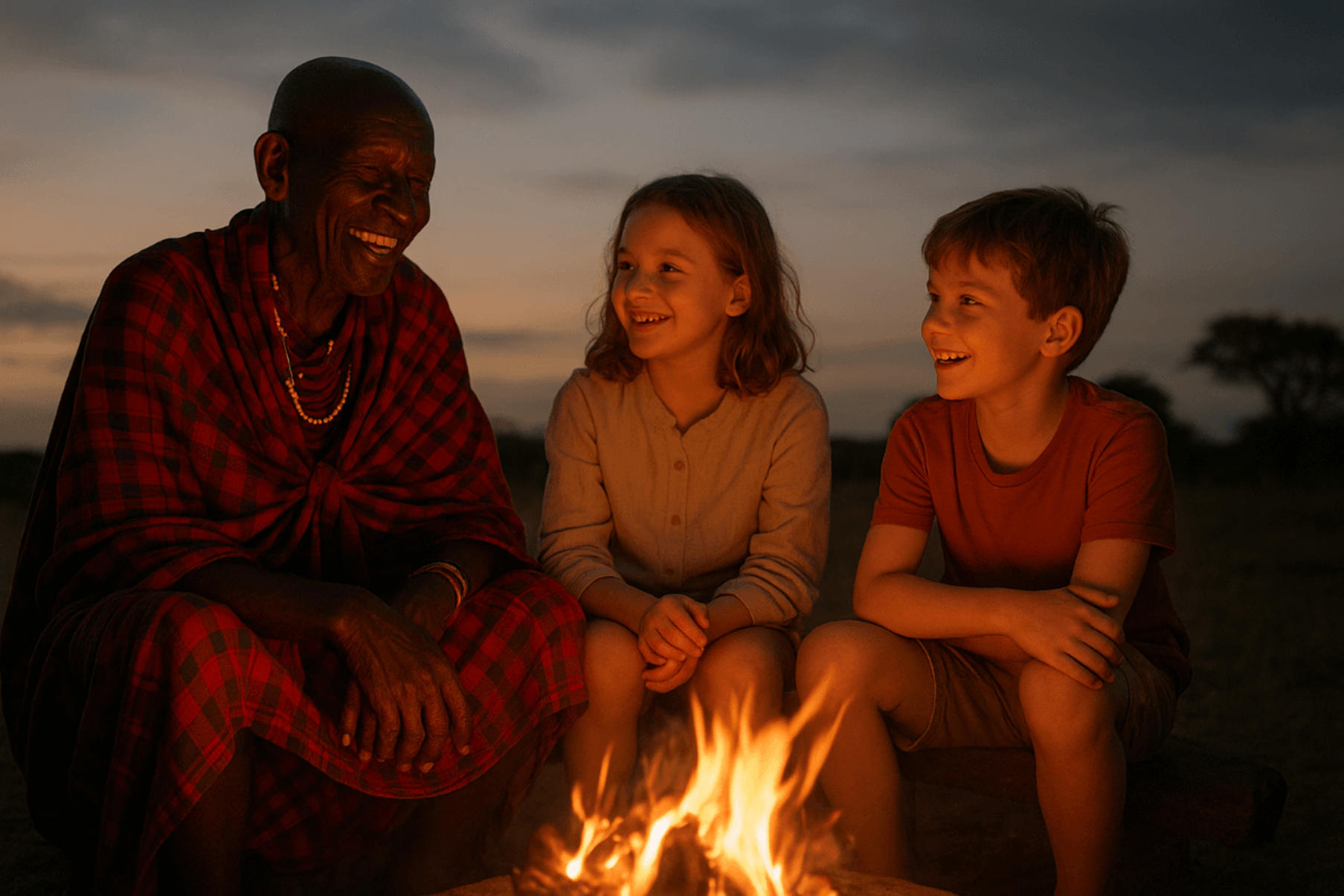 Maasai elder singing with children around campfire in Kenya — cultural immersion for families