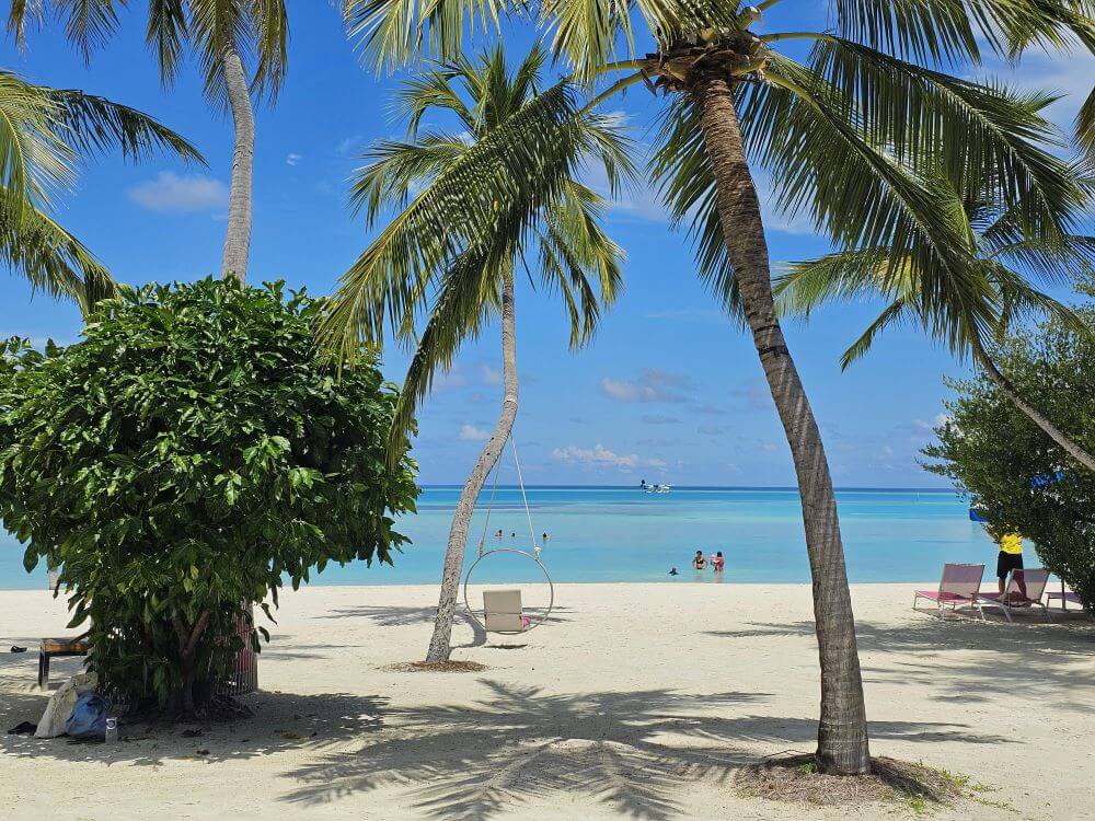 Public beach in Maldives with turquoise water and white sand — accessible shoreline near local islands