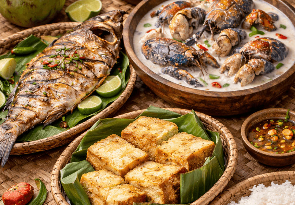 Traditional food in Marshall Islands: grilled reef fish, coconut crab, pandanus bread, and fresh coconut on woven mat