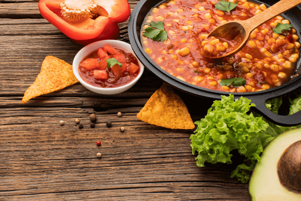 A traditional Mexican meal: beans, corn, salsa, and tortillas — balanced, nutrient-dense, and rich in healthy fats from avocado and lard
