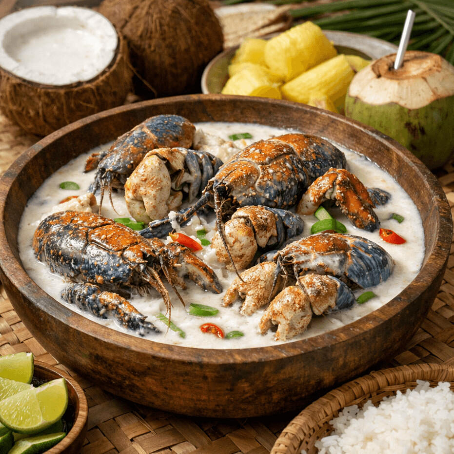 Coconut crab (itoj) stewed in coconut milk — a ceremonial dish that represents traditional food in Nauru, now rare due to habitat loss and mining