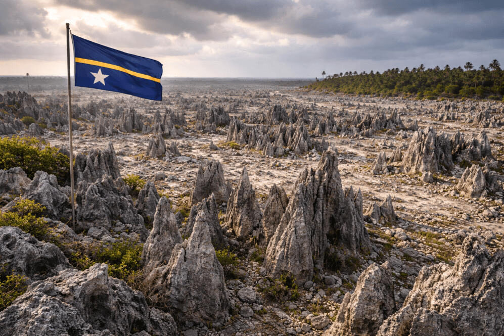 The barren landscape of Nauru after phosphate mining — jagged limestone pinnacles where fertile soil once grew coconuts and pandanus for traditional food in Nauru