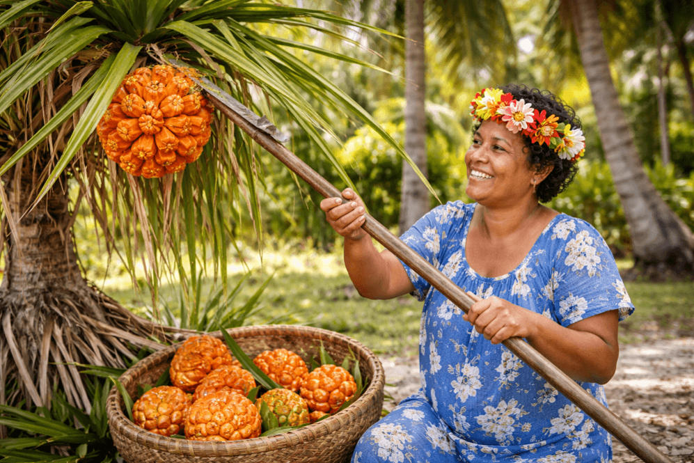 Marshallese woman harvesting pandanus fruit in atoll village — key ingredient in Traditional food in Marshall Islands