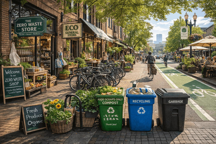 Portland Oregon zero-waste shops, bike lanes, and compost bins — eco-friendly place to visit in USA