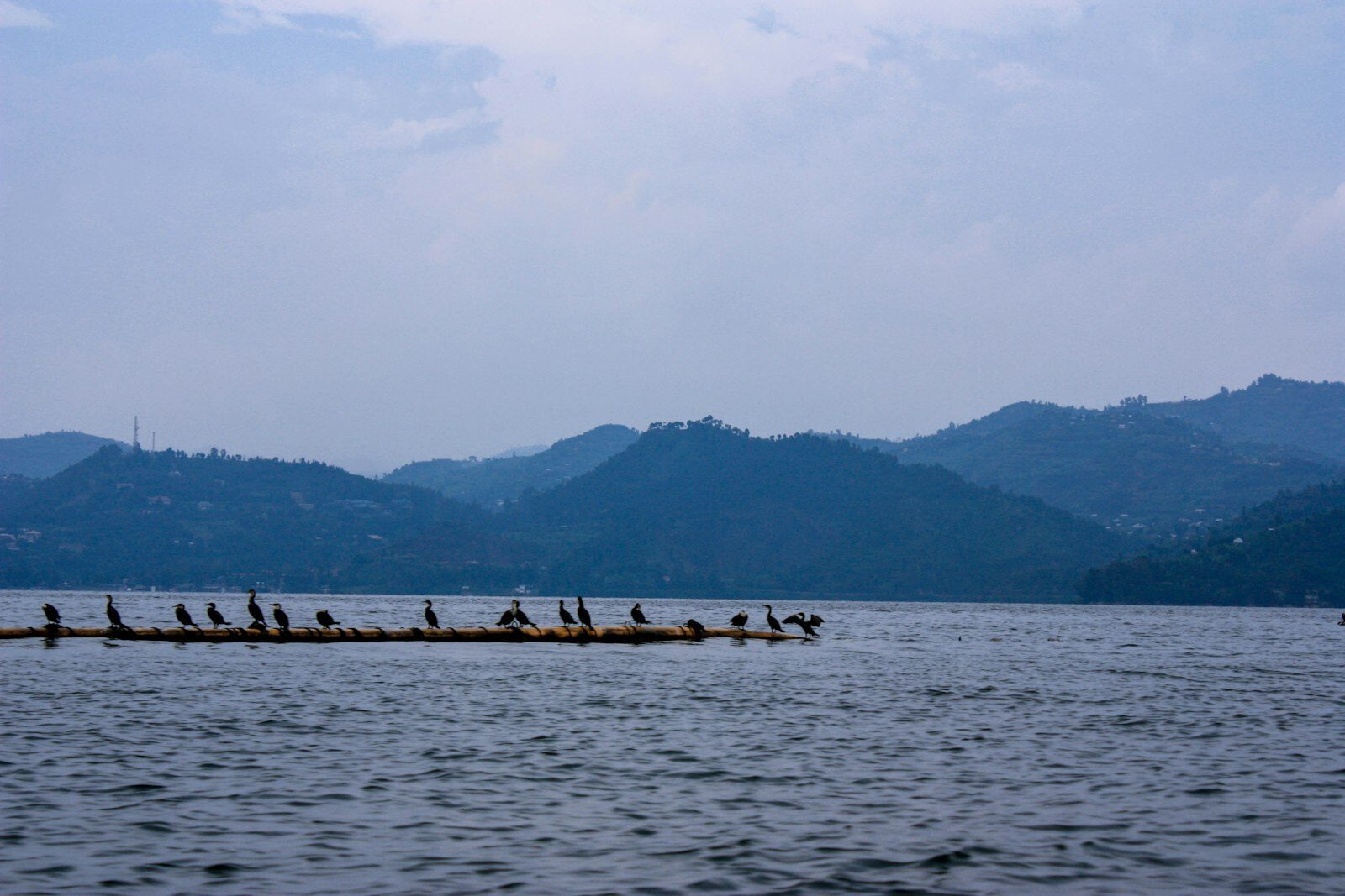 Family travel to Rwanda with kids: calm water and a small boat on Lake Kivu