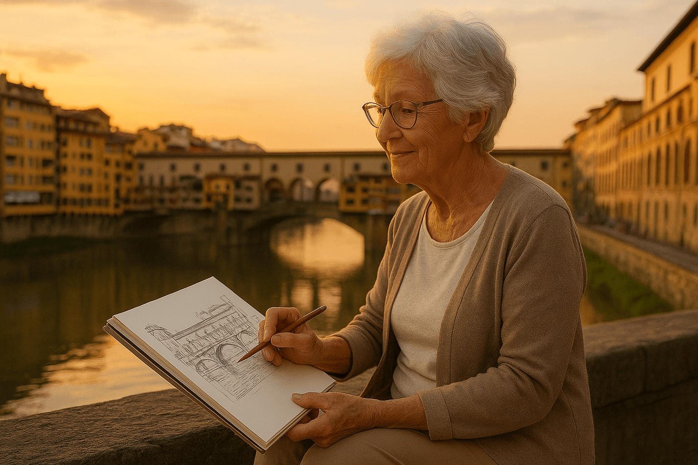 Senior traveler sketching in Florence – slow travel for retirees