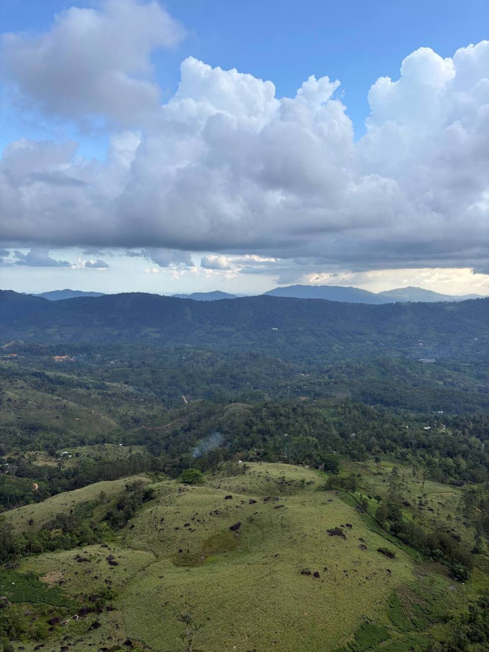 Wide panoramic view of hills and valley from Sinharaja Deniyaya viewpoint at 974m