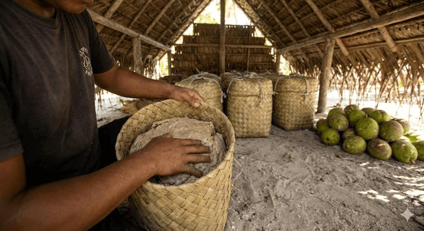 Traditional Fermentation of Breadfruit in Kiribati (Te Kabubu) What do people eat in Kiribati: Local man preparing te kabubu — fermented breadfruit in woven baskets under a thatched roof, surrounded by green coconuts