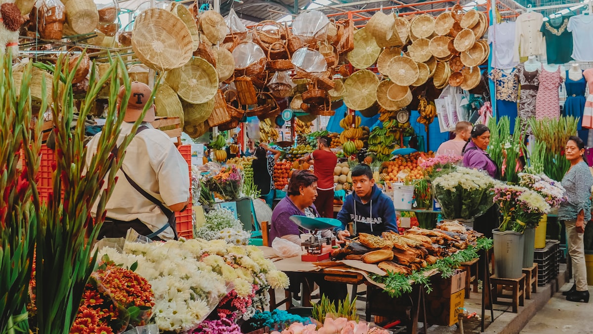 Tropical food market selling fresh produce and local dishes