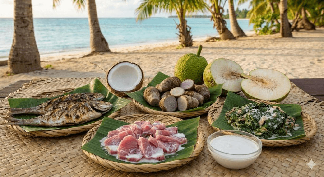 What do people eat in Kiribati: Te bubuti, fresh reef fish, and boiled babai served on banana leaves